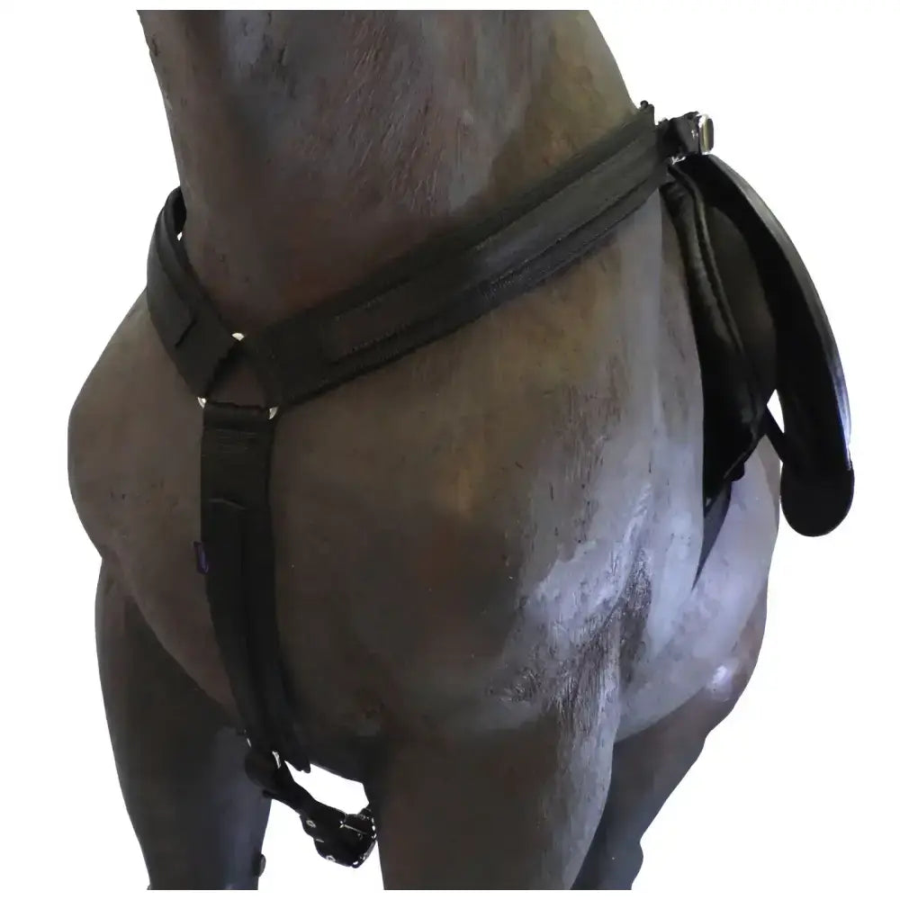 Black leather endurance breastplate with stainless steel hardware and padded polypads material for comfort