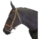 Brown leather endurance bridle with tan stitching and silver hardware featuring a controller nose band for small ponies
