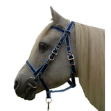 Navy blue leather endurance bridle with silver hardware and light blue stitching featuring controller nose band for small pony