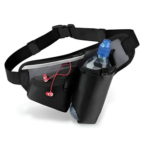 Black tough waist bag with transparent water bottle holder and zippered pocket for red earbuds in endurance riding belt