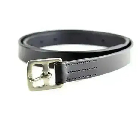 Black leather adult stirrup leathers with silver rectangular buckle and visible stitching for stronger stirrup butt support