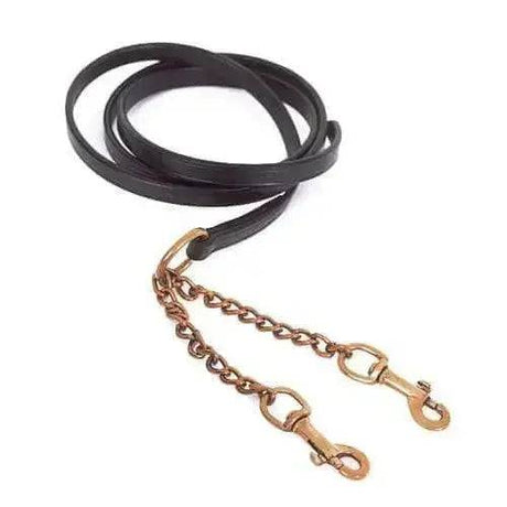 English Leather In Hand Showing Leading Reins Split Brass Chain Black Full Sheldon Reins Barnstaple Equestrian Supplies