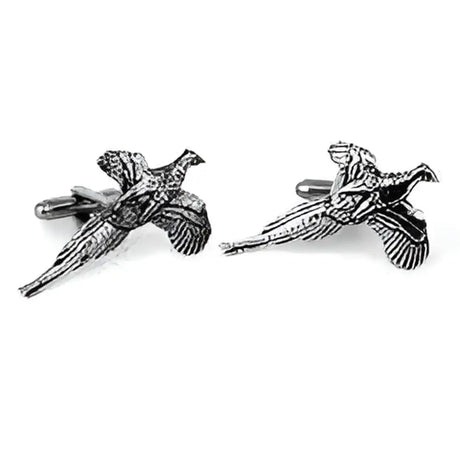 Silver-toned english made flying pheasant pewter cufflinks with detailed textured feathers and polished finish