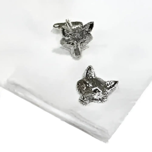 Silver fox head pewter cufflinks with textured metallic finish perfect as english made fox head pewter cufflinks gifts