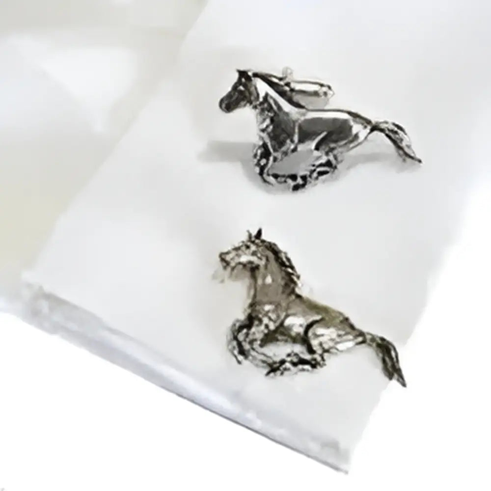 Silver english made pewter galloping horse cufflinks with polished metallic finish and detailed sculpting