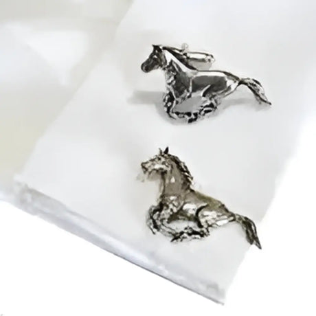 Silver english made pewter galloping horse cufflinks with polished metallic finish and detailed sculpting