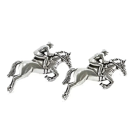 Silver english made pewter jockey on horseback cufflinks with intricate detail and polished metallic finish