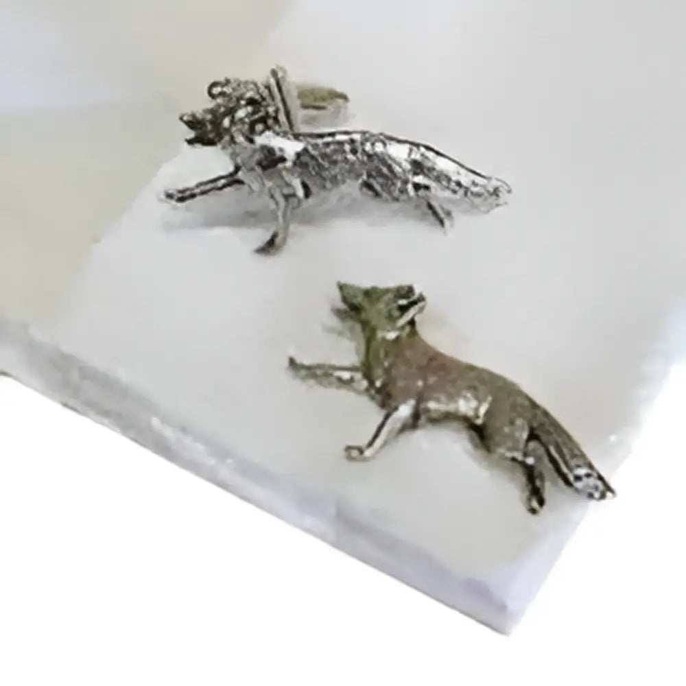 Silver english made pewter running fox cufflinks with detailed metallic craftsmanship and sleek fox design