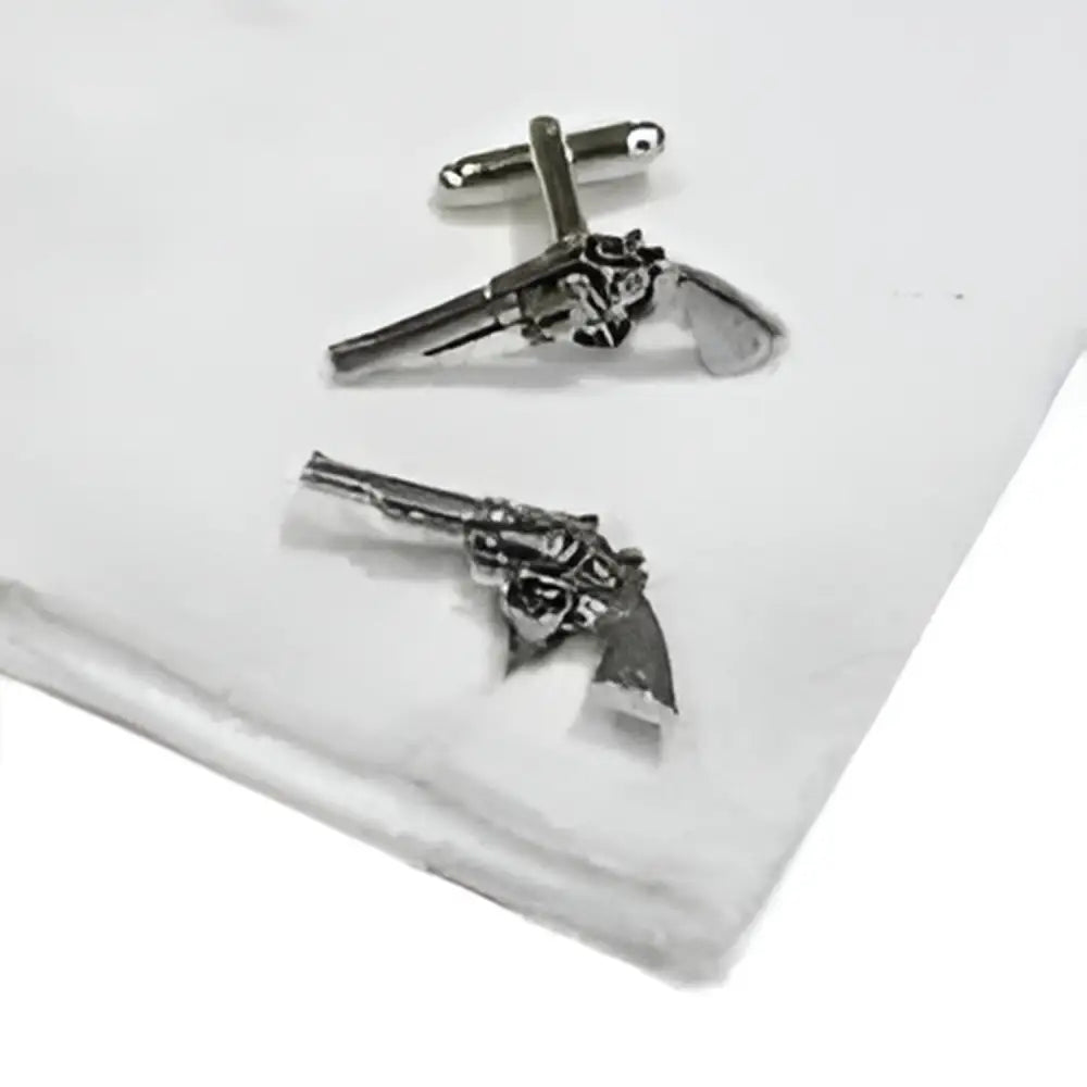 Silver english made pistols pewter cufflinks with detailed engraving and polished metallic finish for formal wear