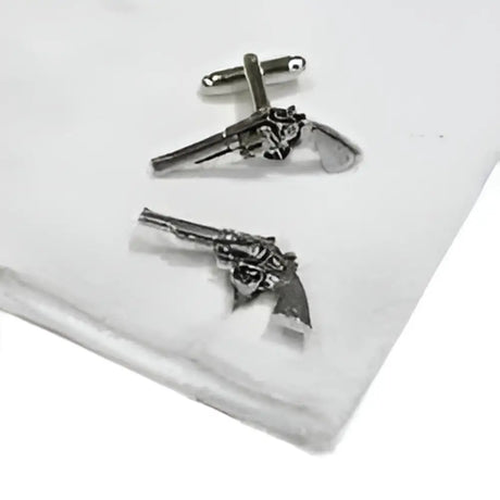 Silver english made pistols pewter cufflinks with detailed engraving and polished metallic finish for formal wear