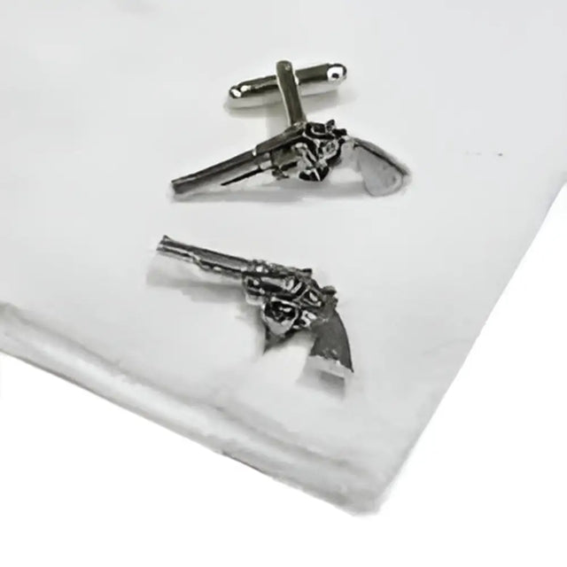 Silver english made pistols pewter cufflinks with detailed engraving and polished metallic finish for formal wear