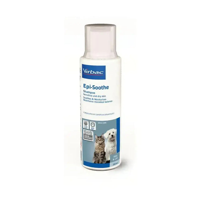 Virbac epi-soothe shampoo in a white bottle with blue labeling is a hypoallergenic shampoo with soothing properties for pets