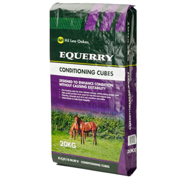 A 20kg bag of hj leo oakes equerry conditioning cubes in green and purple packaging with two brown horses grazing, horse feeds