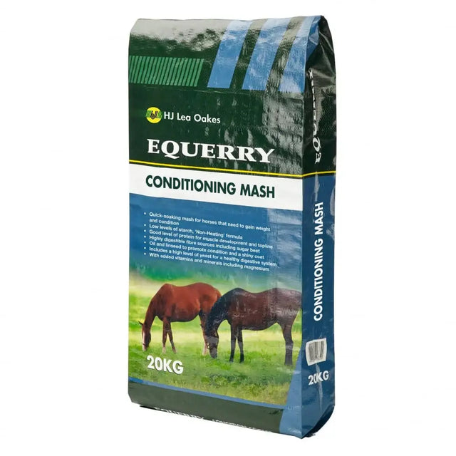 20kg bag of equerry conditioning mash quick-soaking horse feeds in green and blue packaging with two horses grazing