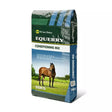 A 20kg bag of hj lea oakes equerry conditioning mix with a green and blue design featuring a brown horse, made of highly digestible cereals for topline equerry conditioning