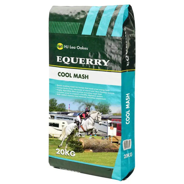 A 20kg bag of hj lea oakes equerry cool mash low energy feed with green teal design and a white horse image