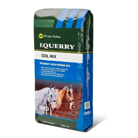 A 20kg bag of hj lea oakes equerry cool mix horse feed with a blue green design and high fibre formula for light work low energy horses