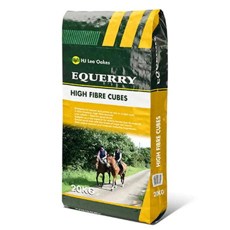 A 20kg green and yellow plastic bag of hj lea ookes equerry high fibre cubes horse feed with riders image