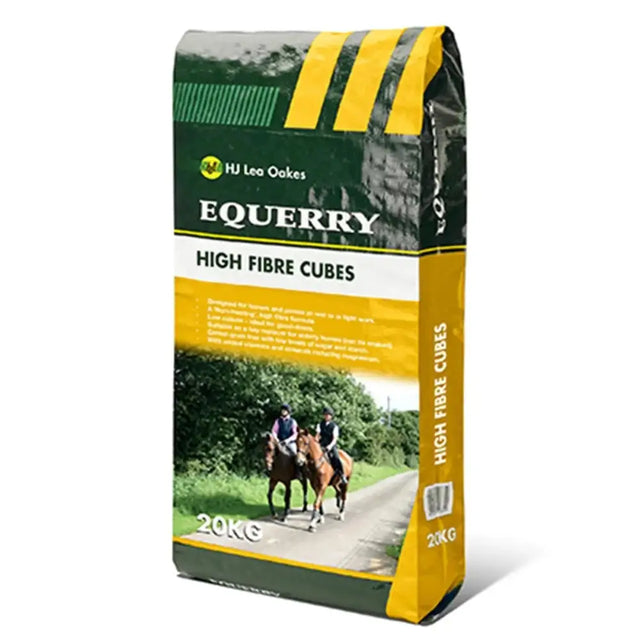 A 20kg green and yellow plastic bag of hj lea ookes equerry high fibre cubes horse feed with riders image