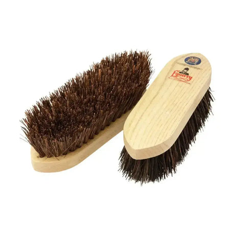 Two light wooden-handled brushes with dense dark brown bristles in the equerry wooden dandy brush bassine set