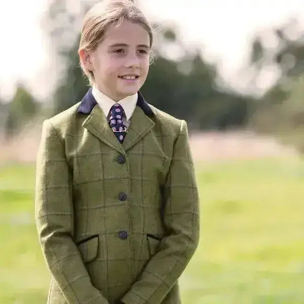 Olive green plaid tweed equetech adstock deluxe junior riding jacket with dark blue collar and matching buttons