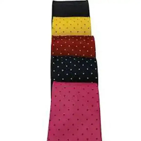 A stack of equetech adult polka dot show ties in black yellow red black with white dots and pink riding ties