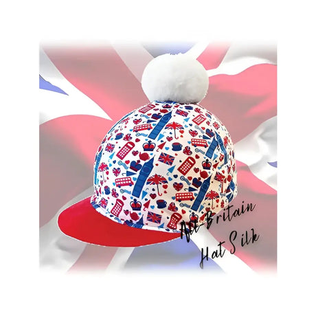 Equetech childs all-britain hat silk is a white silk hat with british patterns and a fluffy white pom-pom top