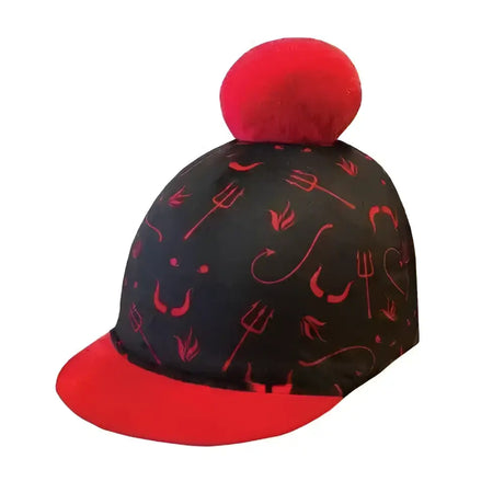 Black horse hood with red devilsh pom hat pattern and fluffy red pom pom on top equetech childs devilsh pom