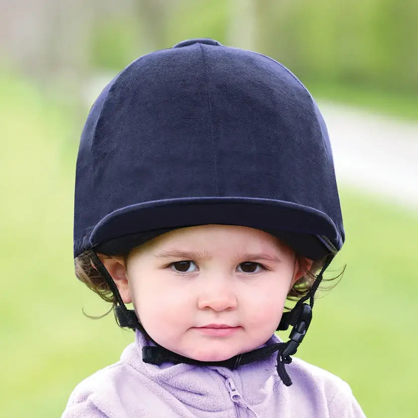 Navy blue suede equetech childs premium velvet hat silk with adjustable black straps for equestrian use