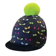 Black equetech childs spooky eyes pom hat silk helmet cover with colorful cartoon eyes and lime green pom-pom