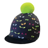Black equetech childs spooky eyes pom hat silk helmet cover with colorful cartoon eyes and lime green pom-pom