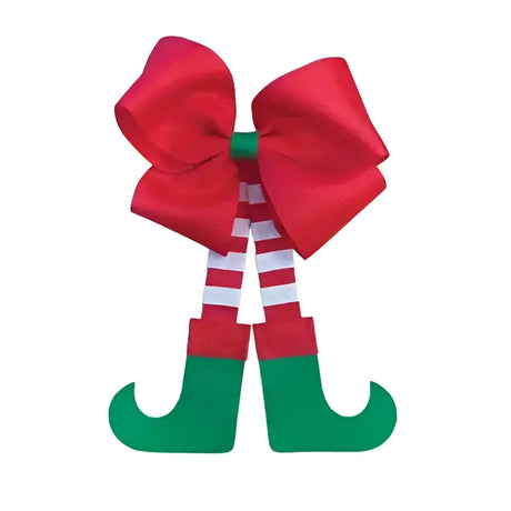 A festive equetech christmas elf horse tail bow in red and green with striped legs and curled toes perfect for holidays