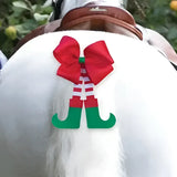 Festive red and green equetech christmas elf horse tail bow with striped leggings and boot-like feet ornament