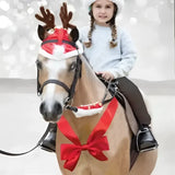 A festive brown horse wearing a red and white santa hat with antlers and a red bow tie for equetech christmas horse chest