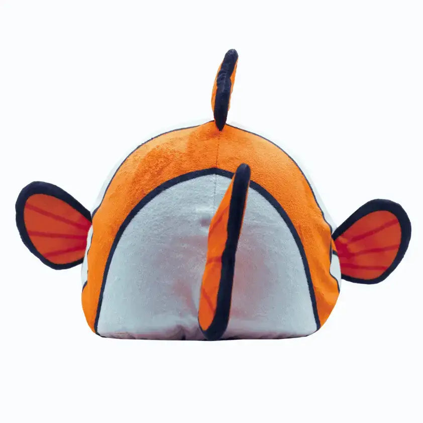 Equetech clarkii clownfish hat cover is an orange white plush novelty with black outlines and red-striped fins and tail