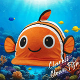 Equetech clarkii clownfish hat cover in orange plush fabric with white and black stripes soft texture