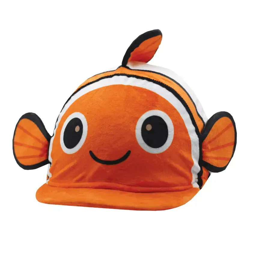 Orange plush equetech clarkii clownfish hat cover with white stripes and black outlines for fun novelty wear