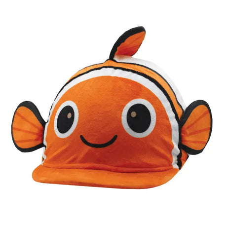 Orange plush equetech clarkii clownfish hat cover with white stripes and black outlines for fun novelty wear