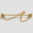 Gold-colored metal equetech collar pin bar with spherical ends and dangling chain details for showing collar pin style