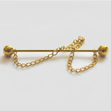 Gold-colored metal equetech collar pin bar with spherical ends and dangling chain details for showing collar pin style