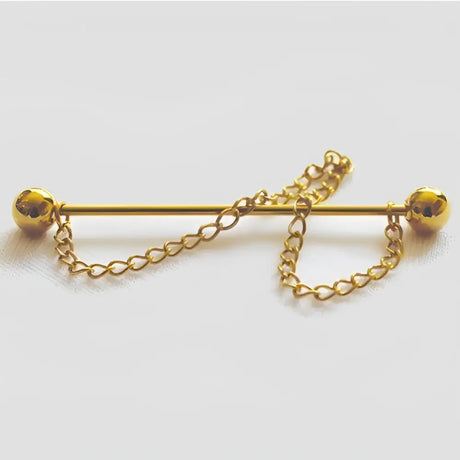 Gold-colored metal equetech collar pin bar with spherical ends and dangling chain details for showing collar pin style