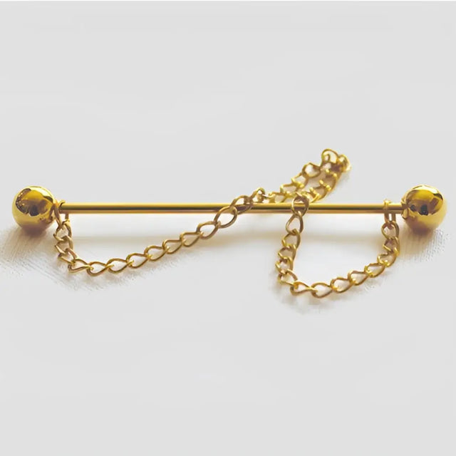 Gold-colored metal equetech collar pin bar with spherical ends and dangling chain details for showing collar pin style