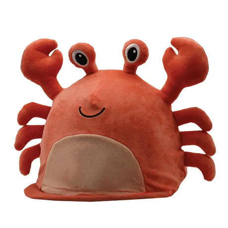 Coral-colored plush equetech crabby crab novelty hat cover with soft fabric and unique 3d eyes smiling face