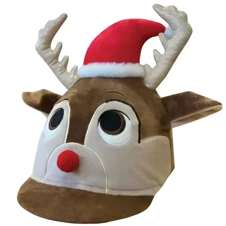 A plush brown equetech dazzle christmas reindeer hat with silver antlers and a red santa hat for festive fun