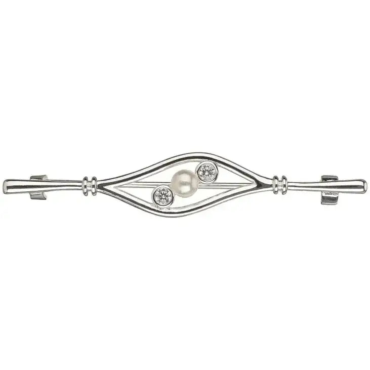 Silver-toned equetech deluxe nouveau stock pin with a central pearl and two round diamonds in geometric design