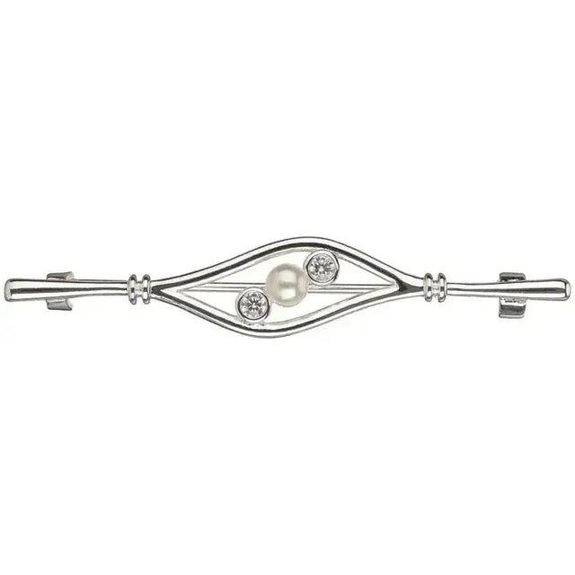 Silver-toned equetech deluxe nouveau stock pin with a central pearl and two round diamonds in geometric design