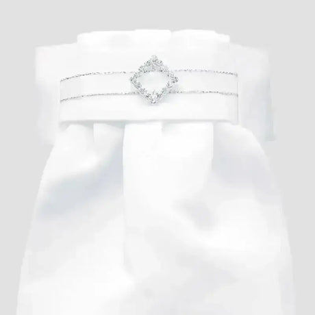 A delicate white satin belt with a sparkling silver diamante diamond buckle from equetech deluxe ready-tied stocks