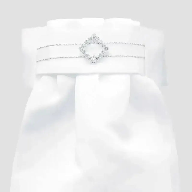A delicate white satin belt with a sparkling silver diamante diamond buckle from equetech deluxe ready-tied stocks