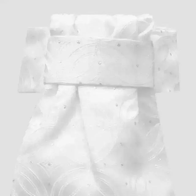 White traditional japanese kimono with subtle swirl pattern interspersed fabric and equetech deluxe ready-tied stocks obi belt
