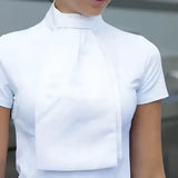 A crisp white short-sleeved blouse with high collar and front pocket paired with equetech deluxe ready-tied stock three interchangeable styles